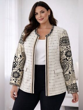 Chico’s Versailles Sleeve Pattern Metallic Wool Blend Jacket Career Creme Size 2